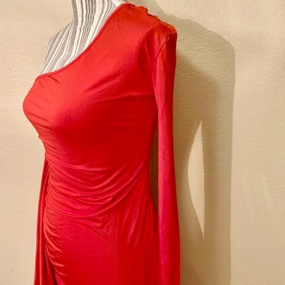 NEW Sexy Bodycon Dress Small Red Maxi Spandex Stretch One Sleeve Ruffled NWOT - Picture 10 of 14